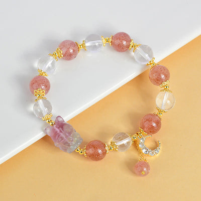 Foviel Natural White Strawberry Quartz Crystal Healing Love Nine Tailed Fox Moon Pendant Bracelet