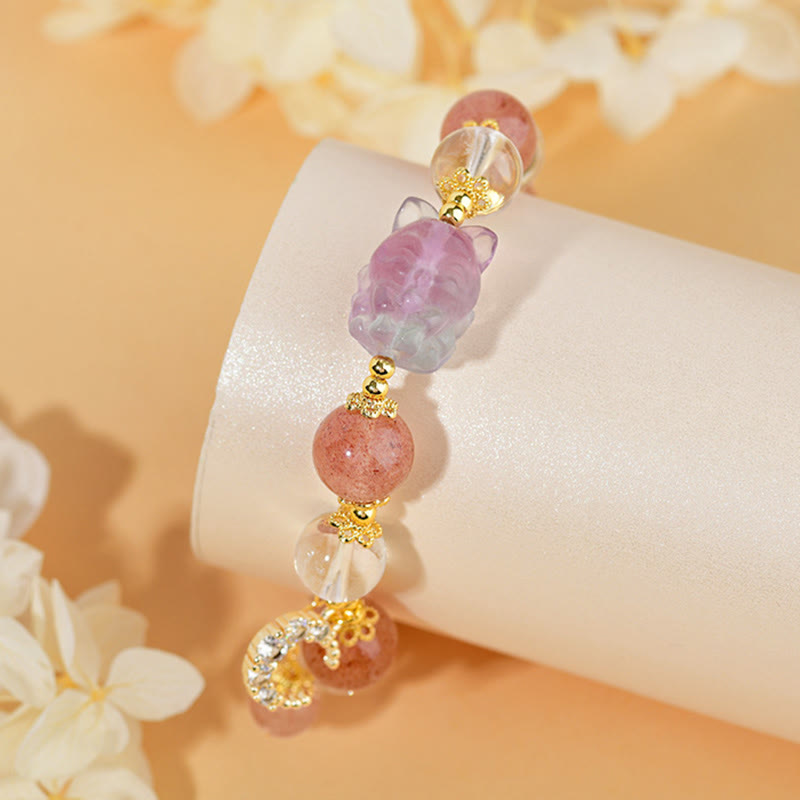 Foviel Natural White Strawberry Quartz Crystal Healing Love Nine Tailed Fox Moon Pendant Bracelet