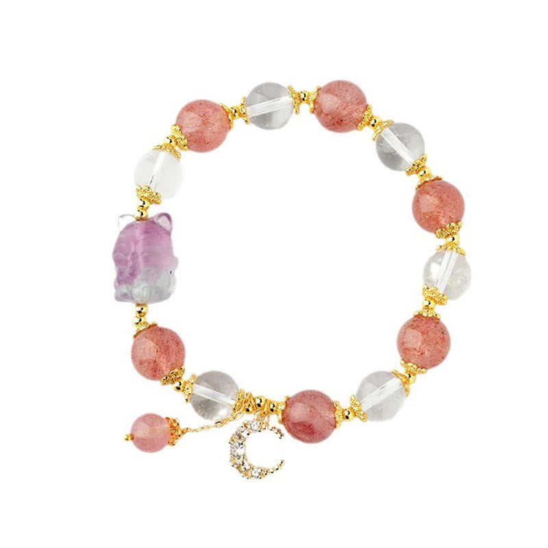 Foviel Natural White Strawberry Quartz Crystal Healing Love Nine Tailed Fox Moon Pendant Bracelet