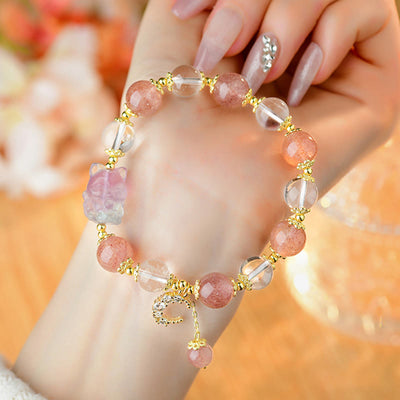 Foviel Natural White Strawberry Quartz Crystal Healing Love Nine Tailed Fox Moon Pendant Bracelet
