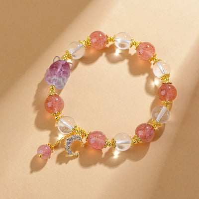 Foviel Natural White Strawberry Quartz Crystal Healing Love Nine Tailed Fox Moon Pendant Bracelet