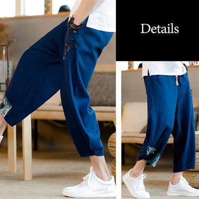 Buddha Stones Patchwork Design Drawstring Cotton Men's Cropped Pants With Pockets - image 14