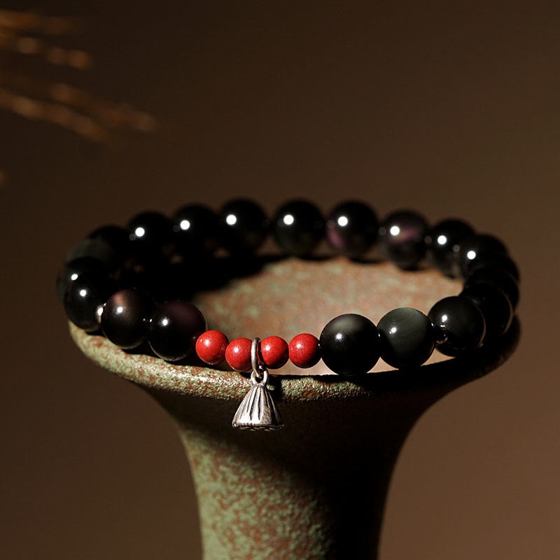 Buddha Stones Natural Black Obsidian Cinnabar Lotus Charm Strength Fulfillment Bracelet Bracelet BS 6mm(Wrist Circumference 14-16cm)