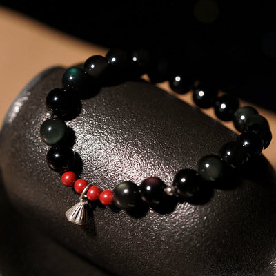 Buddha Stones Natural Black Obsidian Cinnabar Lotus Charm Strength Fulfillment Bracelet Bracelet BS 8mm(Wrist Circumference 14-16cm)