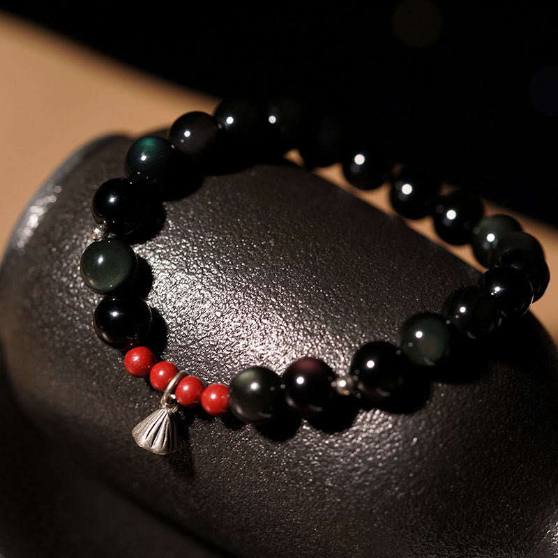 Buddha Stones Natural Black Obsidian Cinnabar Lotus Charm Strength Fulfillment Bracelet Bracelet BS 8mm(Wrist Circumference 14-16cm)