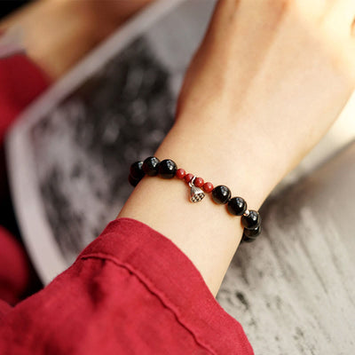 Buddha Stones Natural Black Obsidian Cinnabar Lotus Charm Strength Fulfillment Bracelet Bracelet BS 2