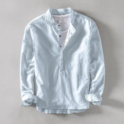 Foviel Solid Color Long Sleeve Half Button Shirt Cotton Linen Men Clothing