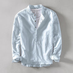 Chemise Foviel pour homme, unie, à manches longues et demi-boutonnage, en coton et lin