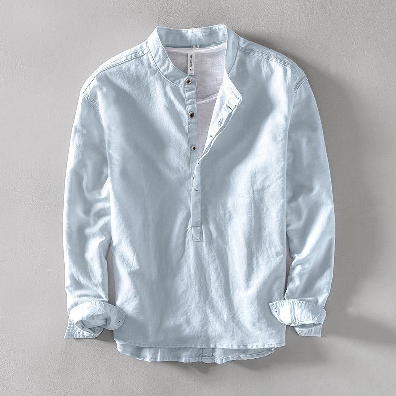 Chemise Foviel pour homme, unie, à manches longues et demi-boutonnage, en coton et lin