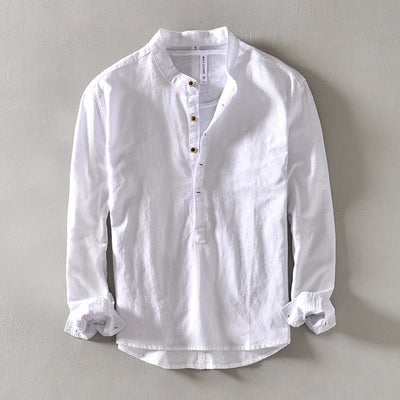 Chemise Foviel pour homme, unie, à manches longues et demi-boutonnage, en coton et lin