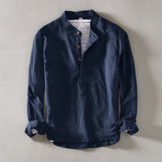 Foviel Solid Color Long Sleeve Half Button Shirt Cotton Linen Men Clothing