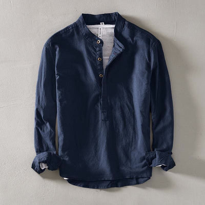 Chemise Foviel pour homme, unie, à manches longues et demi-boutonnage, en coton et lin