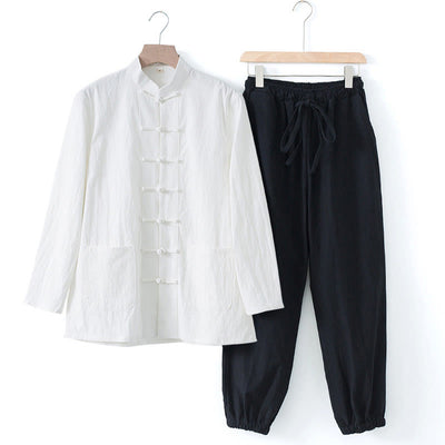 Buddha Stones Meditation Frog-Button Tang Long Sleeve Shirt Pants Men's Suit - White Shirt&Black Pant - US/UK/AU44，EU54 (4XL) - image 19