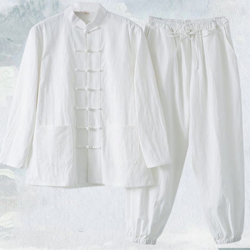 Buddha Stones Meditation Frog-Button Tang Long Sleeve Shirt Pants Men's Suit - image 2