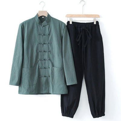 Buddha Stones Meditation Frog-Button Tang Long Sleeve Shirt Pants Men's Suit - CadetBlue Shirt&Black Pant - US/UK/AU44，EU54 (4XL) - image 24