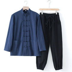 Buddha Stones Meditation Frog-Button Tang Long Sleeve Shirt Pants Men's Suit - DarkBlue Shirt&Black Pants - US/UK/AU44，EU54 (4XL) - image 0
