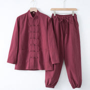 Foviel Meditation Frog-Button Tang Long Sleeve Shirt Pants Men's Suit