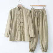 Foviel Meditation Frog-Button Tang Long Sleeve Shirt Pants Men's Suit