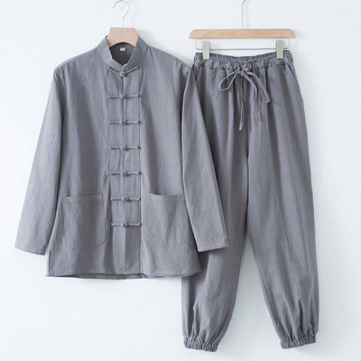 Buddha Stones Meditation Frog-Button Tang Long Sleeve Shirt Pants Men's Suit - Silver Shirt&Silver Pant - US/UK/AU44，EU54 (4XL) - image 16