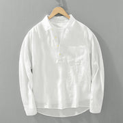 Foviel Solid Color Loose Long Sleeve Half Button Shirt Linen Men Clothing