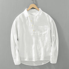 Buddha Stones Solid Color Loose Long Sleeve Half Button Shirt Linen Men Clothing - White - US/UK/AU42，EU52 (3XL) - image 1