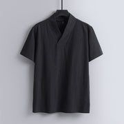 Foviel Loose Men's T-Shirt Solid Color Top Short Sleeve V Collar Breathable Cotton Linen Shirt