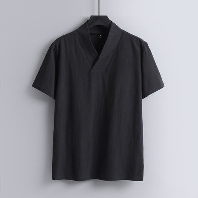 Buddha Stones Loose Men's T-Shirt Solid Color Top Short Sleeve V Collar Breathable Linen Shirt - Black - US/UK/AU54，EU64 (9XL) - image 3