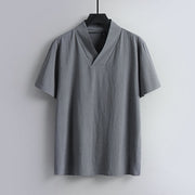 Foviel Loose Men's T-Shirt Solid Color Top Short Sleeve V Collar Breathable Cotton Linen Shirt
