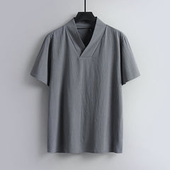 Buddha Stones Loose Men's T-Shirt Solid Color Top Short Sleeve V Collar Breathable Linen Shirt - Gray - US/UK/AU54，EU64 (9XL) - image 1