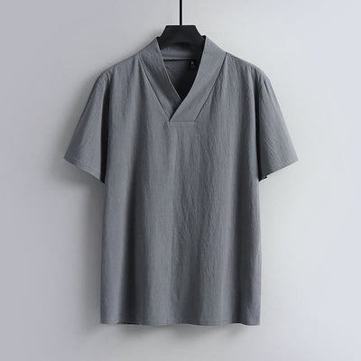 Buddha Stones Loose Men's T-Shirt Solid Color Top Short Sleeve V Collar Breathable Linen Shirt - Gray - US/UK/AU54，EU64 (9XL) - image 1
