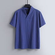 Foviel Loose Men's T-Shirt Solid Color Top Short Sleeve V Collar Breathable Cotton Linen Shirt