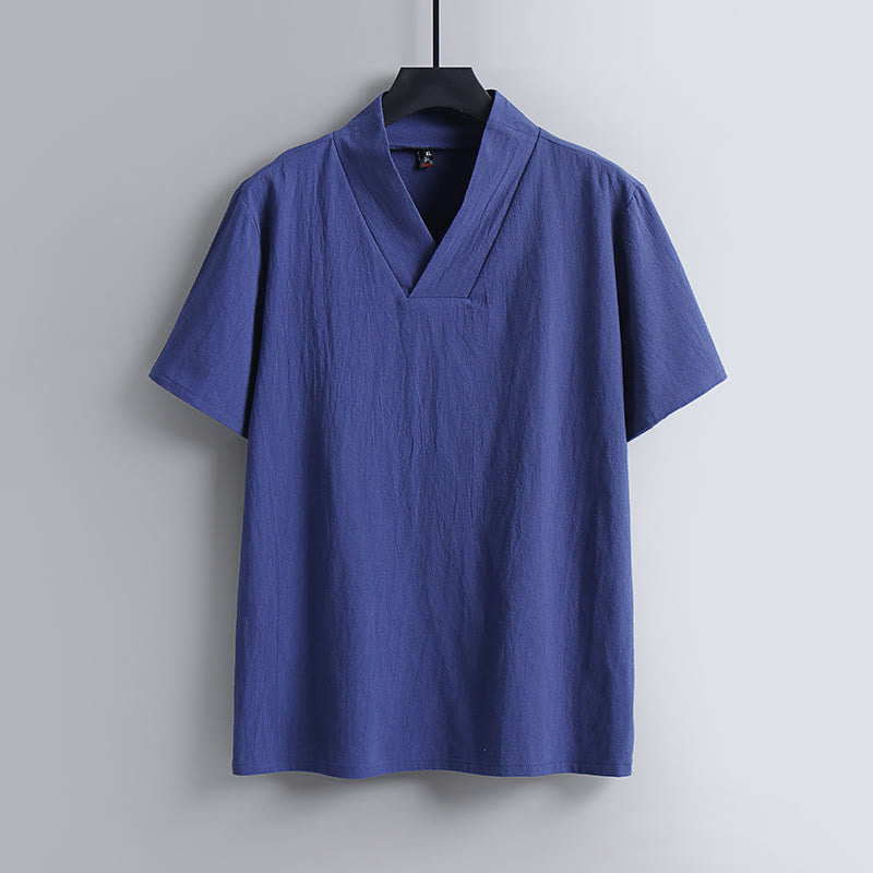 Buddha Stones Loose Men's T-Shirt Solid Color Top Short Sleeve V Collar Breathable Linen Shirt - RoyalBlue - US/UK/AU54，EU64 (9XL) - image 4