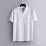 Foviel Loose Men's T-Shirt Solid Color Top Short Sleeve V Collar Breathable Cotton Linen Shirt