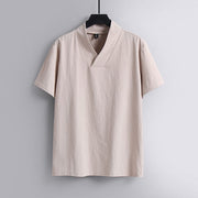 Foviel Loose Men's T-Shirt Solid Color Top Short Sleeve V Collar Breathable Cotton Linen Shirt