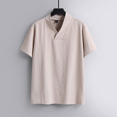Buddha Stones Loose Men's T-Shirt Solid Color Top Short Sleeve V Collar Breathable Linen Shirt - MistyRose - US/UK/AU54，EU64 (9XL) - image 5