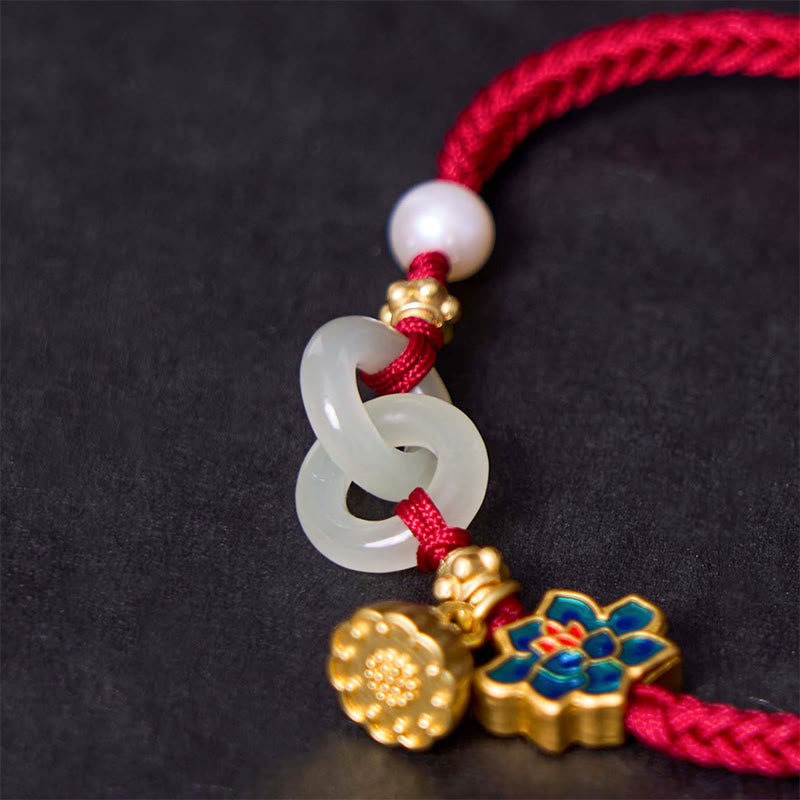 Bracelet porte-bonheur tressé avec boucle de paix en jade de Hetian Foviel motif lotus