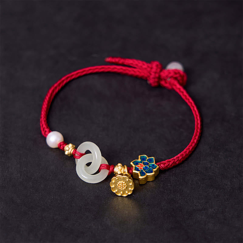 Bracelet porte-bonheur tressé avec boucle de paix en jade de Hetian Foviel motif lotus