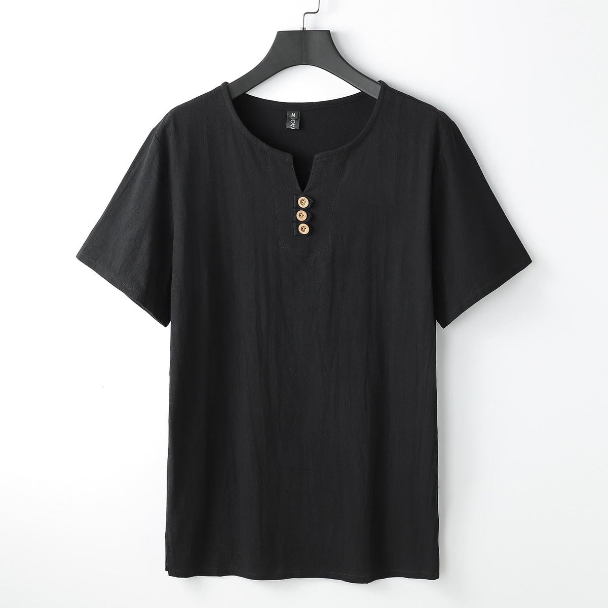 Foviel Men's T-Shirt Solid Color Top Short Sleeve Three-button V Collar Soft Shirt