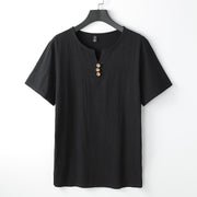 Foviel Men's T-Shirt Solid Color Top Short Sleeve Three-button V Collar Soft Shirt