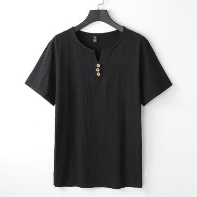 Foviel Men's T-Shirt Solid Color Top Short Sleeve Three-button V Collar Soft Shirt