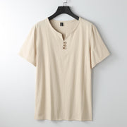 Foviel Men's T-Shirt Solid Color Top Short Sleeve Three-button V Collar Soft Shirt