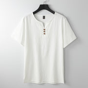Foviel Men's T-Shirt Solid Color Top Short Sleeve Three-button V Collar Soft Shirt
