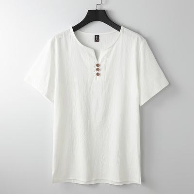 Foviel Men's T-Shirt Solid Color Top Short Sleeve Three-button V Collar Soft Shirt