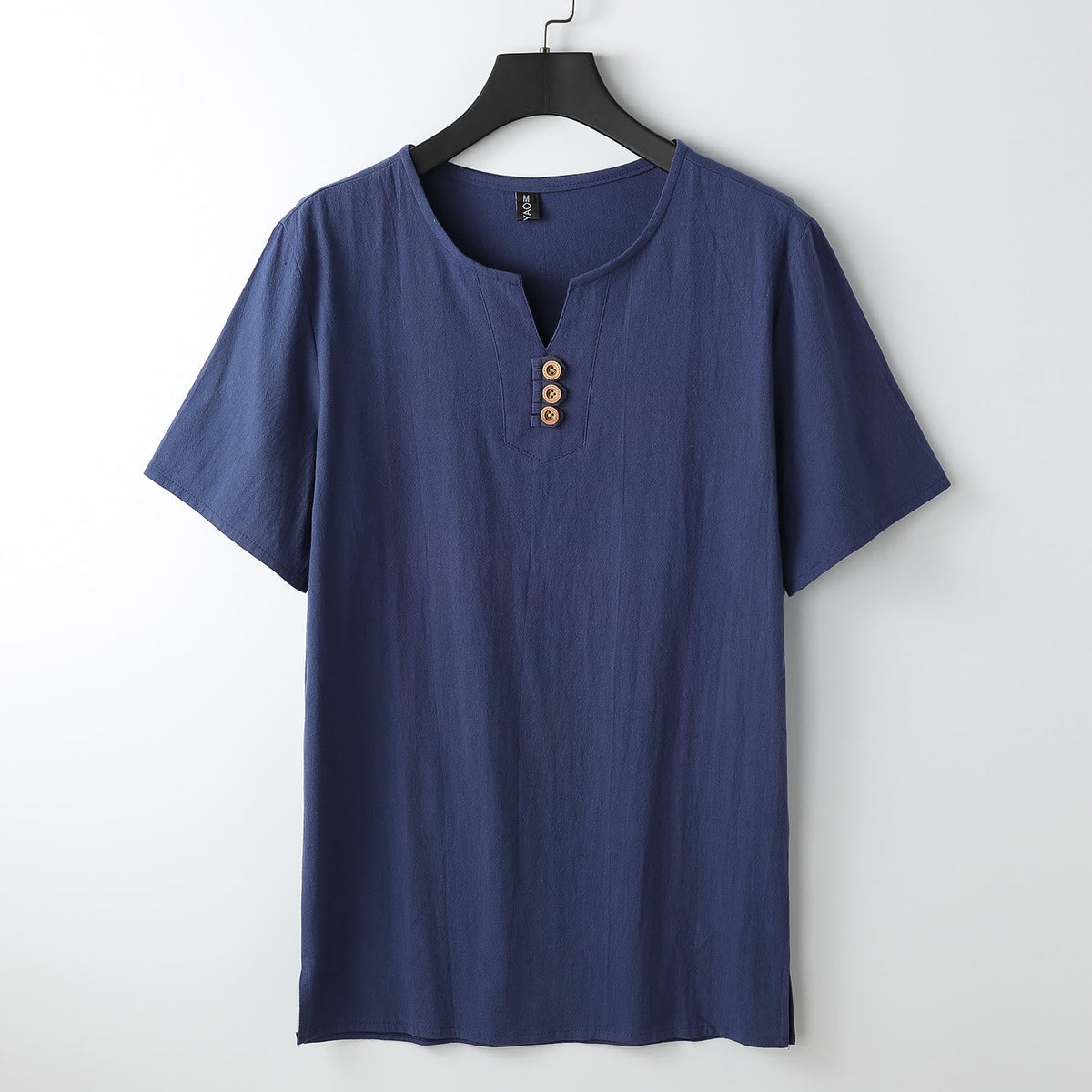 Foviel Men's T-Shirt Solid Color Top Short Sleeve Three-button V Collar Soft Shirt