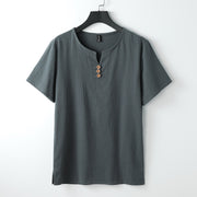 Foviel Men's T-Shirt Solid Color Top Short Sleeve Three-button V Collar Soft Shirt