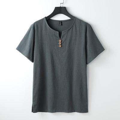 Foviel Men's T-Shirt Solid Color Top Short Sleeve Three-button V Collar Soft Shirt