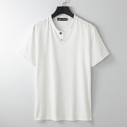 Foviel Loose Men's T-shirt Solid Color Top Short Sleeve Button Notched Neck Soft Shirt