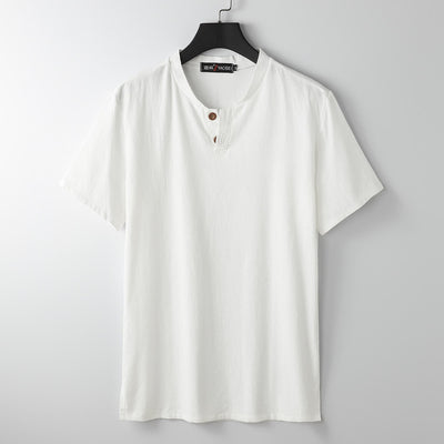 Buddha Stones Loose Men's T-shirt Solid Color Top Short Sleeve Button Notched Neck Soft Shirt - White - US/UK/AU54，EU64 (9XL) - image 0