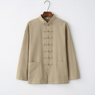 Buddha Stones Tang Frog-Button Long Sleeve Shirt Cotton Men's Clothing - Tan - US/UK/AU44，EU54 (4XL) - image 7