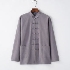 Buddha Stones Tang Frog-Button Long Sleeve Shirt Cotton Men's Clothing - LightSlateGray - US/UK/AU44，EU54 (4XL) - image 0